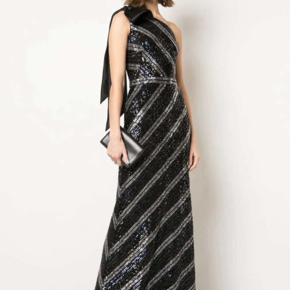 Marchesa One-Shoulder Full Length Sequin Gown, Navy/Black/Silver, Size 8